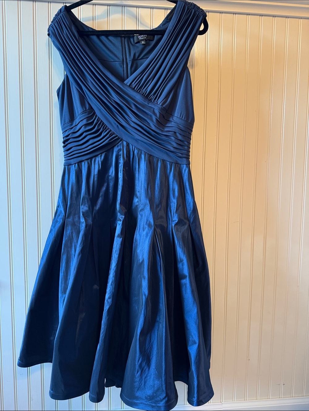 Tadashi Shoji Navy Blue Cocktail Midi Dress 14 Fit and Flare, silk skirt